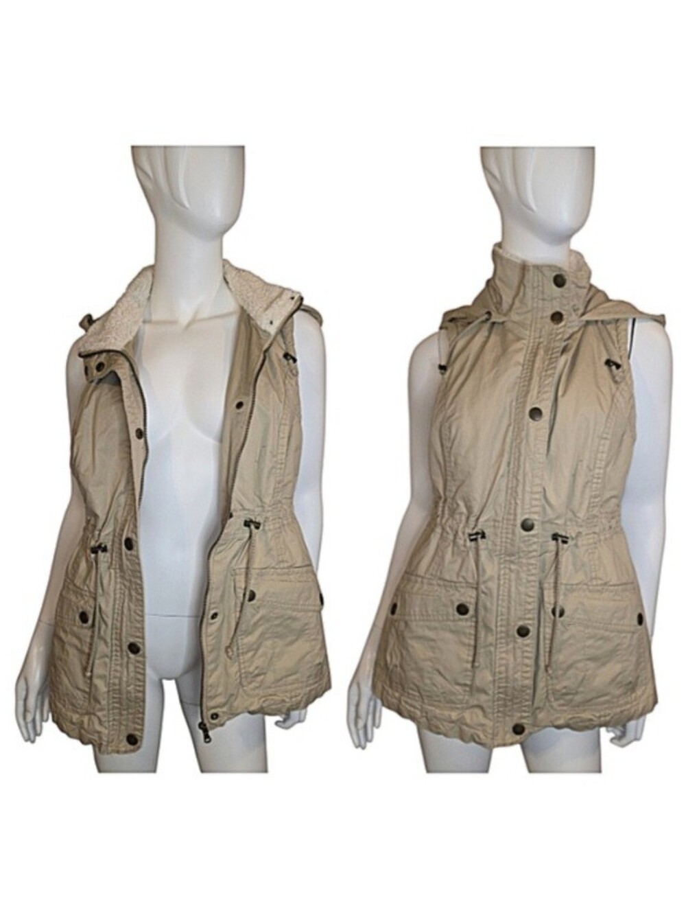 Y2K Wet Seal Khaki Tan Utility Vest Faux Fur Hooded Drawstring Size M